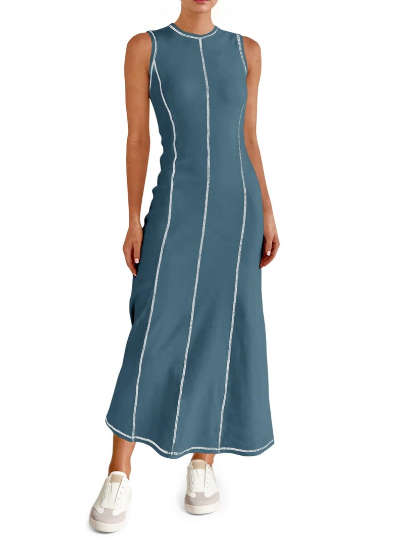 Wenrine Womens Tank Maxi Dress Sleeveless Crew Neck Knit Ribbed Summer Contrast Stitch Dresses Blue - Image 1