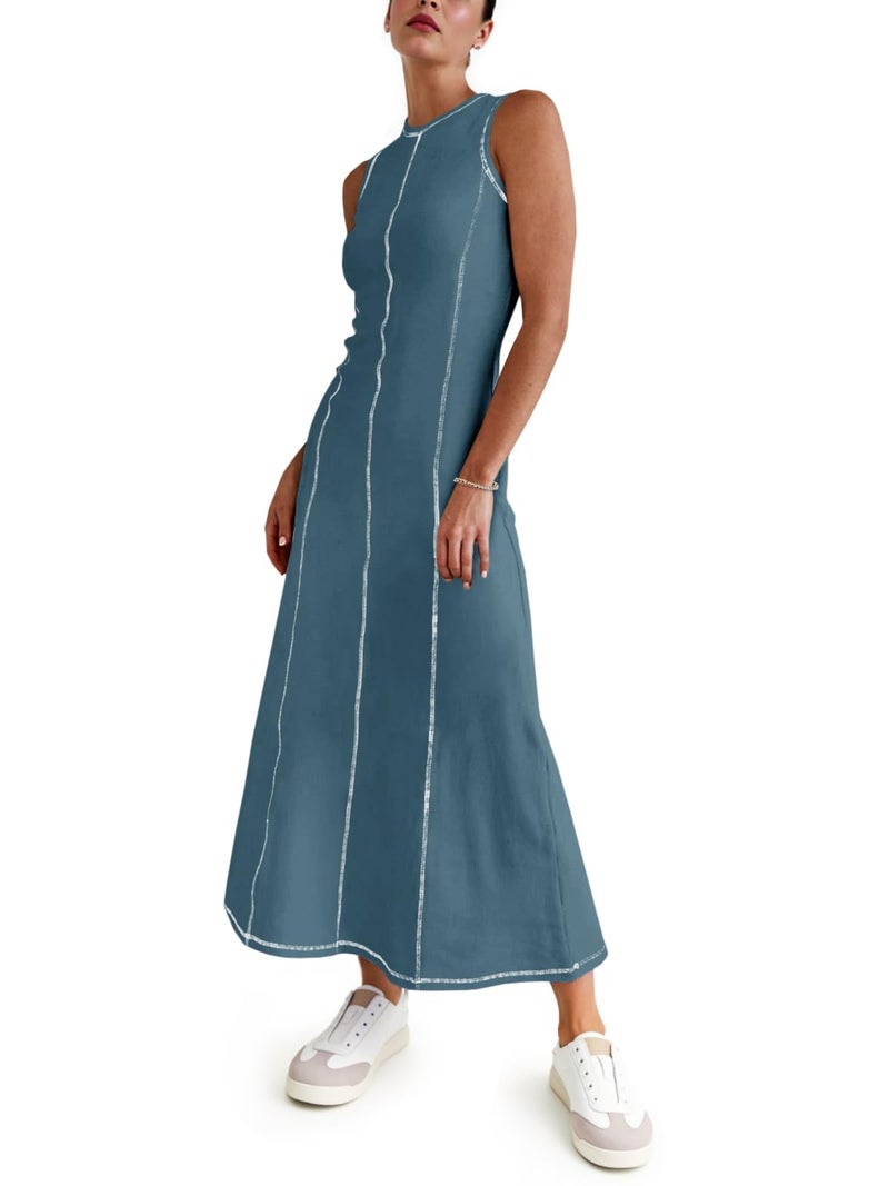 Wenrine Womens Tank Maxi Dress Sleeveless Crew Neck Knit Ribbed Summer Contrast Stitch Dresses Blue - Image 3