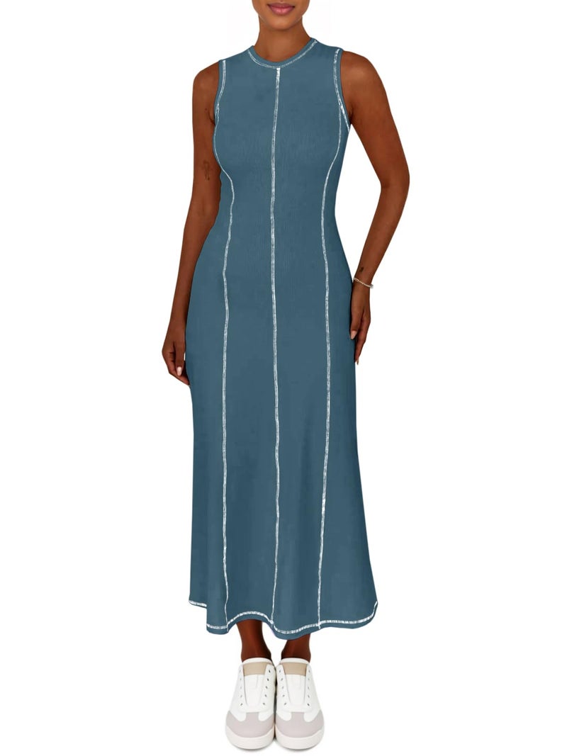 Wenrine Womens Tank Maxi Dress Sleeveless Crew Neck Knit Ribbed Summer Contrast Stitch Dresses Blue - Image 2