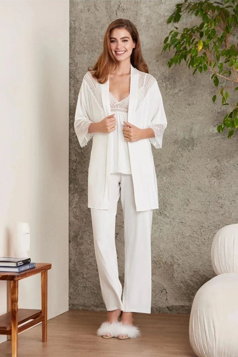 pierre cardin 2820 Women's Combed Cotton Lace Pajama Set with Dressing Gown - Ecru  - Image 2