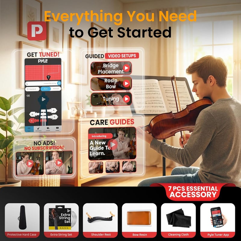 Pyle 3/4 Size Beginner Violin Starter Kit, Violin Starter Package with Travel Case & Bow, Extra Strings, Digital Tuner, Shoulder Rest & Cleaning Cloth for Students, Kids, Adults - Image 3