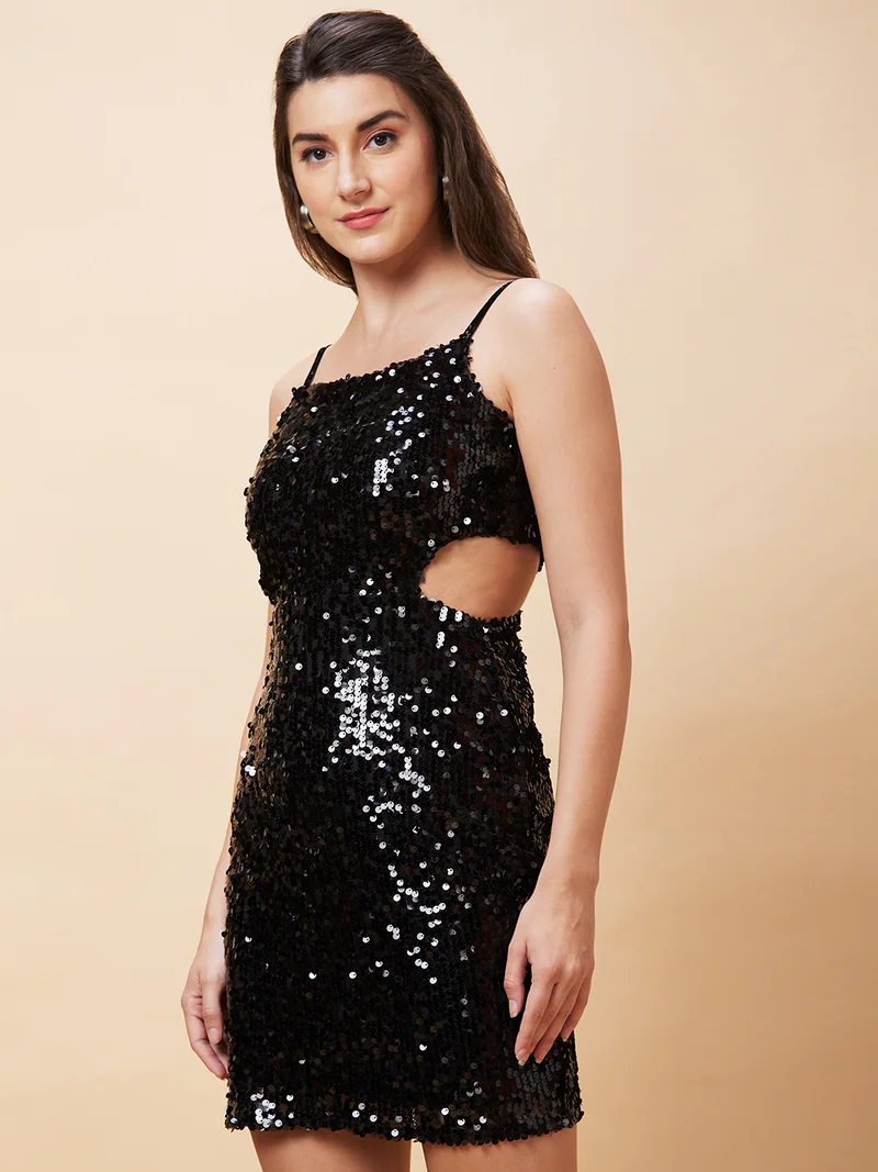 جلو باص Women Shoulder Straps Sequin Embellished Cut-Outs Detail Sheath Dress