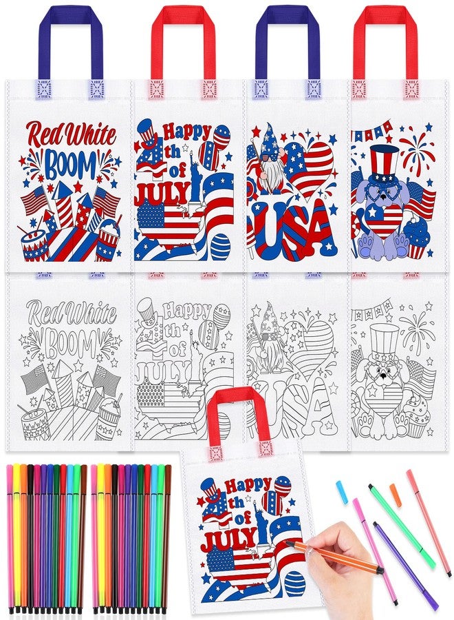 HOWAF 12pcs 4th of July Kids Activities Coloring Gift Bags with Paint Pens, USA Independence Day Candy Bags America Flags Fourth 4th of July Crafts for Kids - Image 1