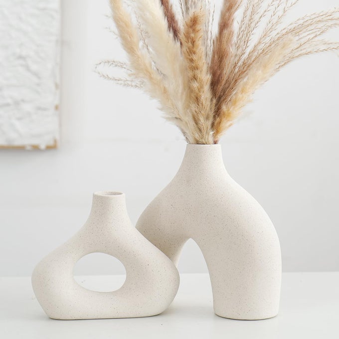 BEIGE CERAMIC VASE SET OF 2 FOR MODERN MINIMALIST BOHEMIAN DECORROUND MATTE DONUT VASES FOR PAMPAS GRASSPERFECT FOR LIVING ROOM DINING TABLE OFFICE BEDROOM SHELF DECOR ENTRYWAY CONSOLE