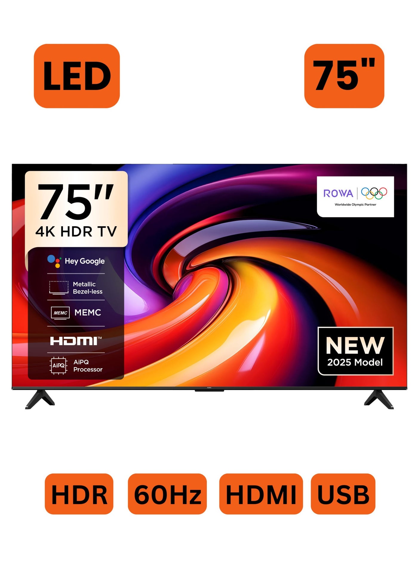 ROWA 75-Inch R55 4K UHD Smart LED TV (2025 Model) Google TV With 2GB+16GB Memory, AiPQ Processor, Dolby Vision & Audio, HDR10, MEMC, Voice Control, Google Cast, Bezel-less Design - 75 Inch HDR Smart TV 75R55 Black