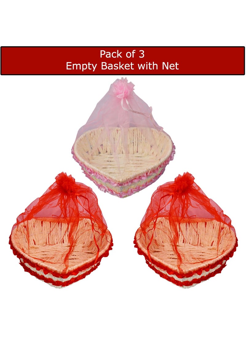 Saugat Traders Saugat Traders Handmade Empty Basket with Net for Gift Hamper Basket for Gifting Pack of 3 Decorative Basket for Gift Packing Baby Shower Wedding Return Gift Medium Size 8.5 Inch  - Image 2