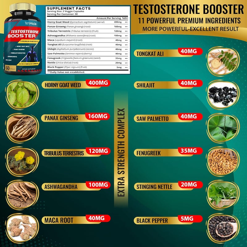 Tenmido عبوتان من مكملات التستوستيرون للرجال 60 كبسولة تعادل 10000 ملغ تعزيز القدرة الطبيعية على التحمل والقوة وبناء العضلات وزيادة الأداء والطاقة - Image 3