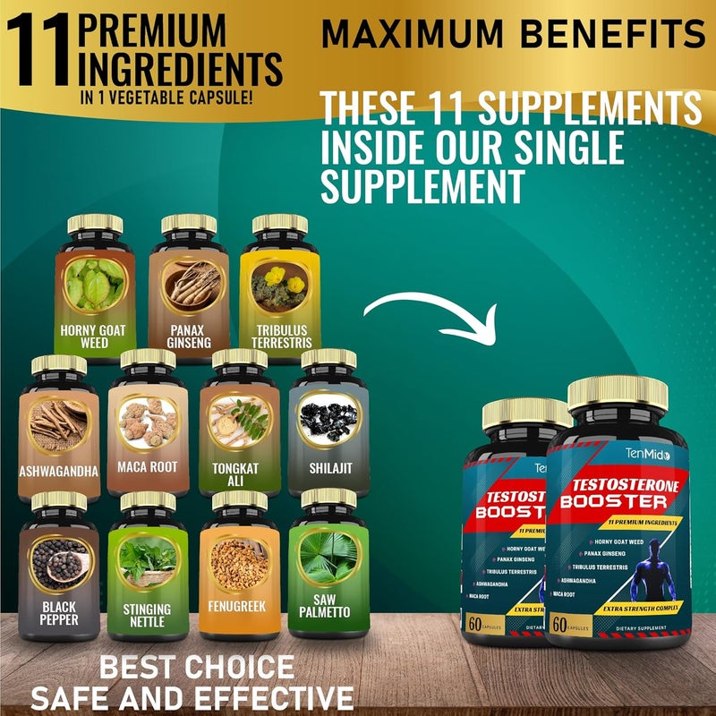 Tenmido عبوتان من مكملات التستوستيرون للرجال 60 كبسولة تعادل 10000 ملغ تعزيز القدرة الطبيعية على التحمل والقوة وبناء العضلات وزيادة الأداء والطاقة - Image 2
