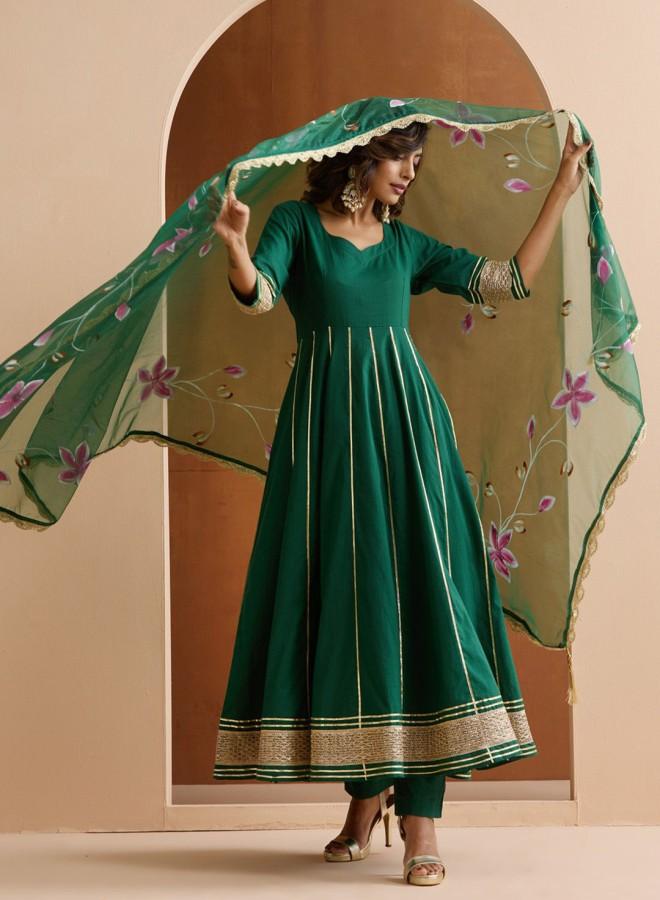 ISHIN Women'S Green 100% Cotton Embroidered Tunic Full Length Palazzo Straight Fit Kurta Set - Image 1