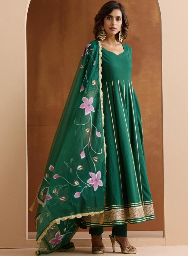 ISHIN Women'S Green 100% Cotton Embroidered Tunic Full Length Palazzo Straight Fit Kurta Set - Image 3