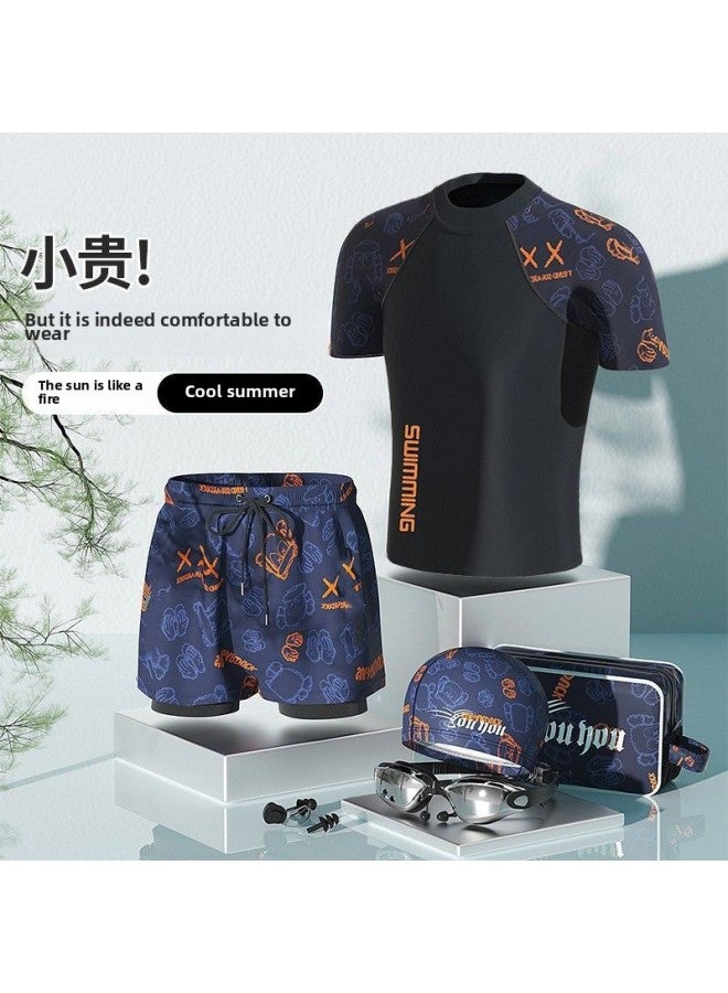 Swimwear Men's Professional Anti-embarrassment Plus Size Loose Double-layer Swimming Trunks Sun-proof Hot Spring Full Body Men's Suit-Color:Orange Bear Swimsuit + Swimming Trunks + Swimming Goggles Nose Clip + Earplugs-