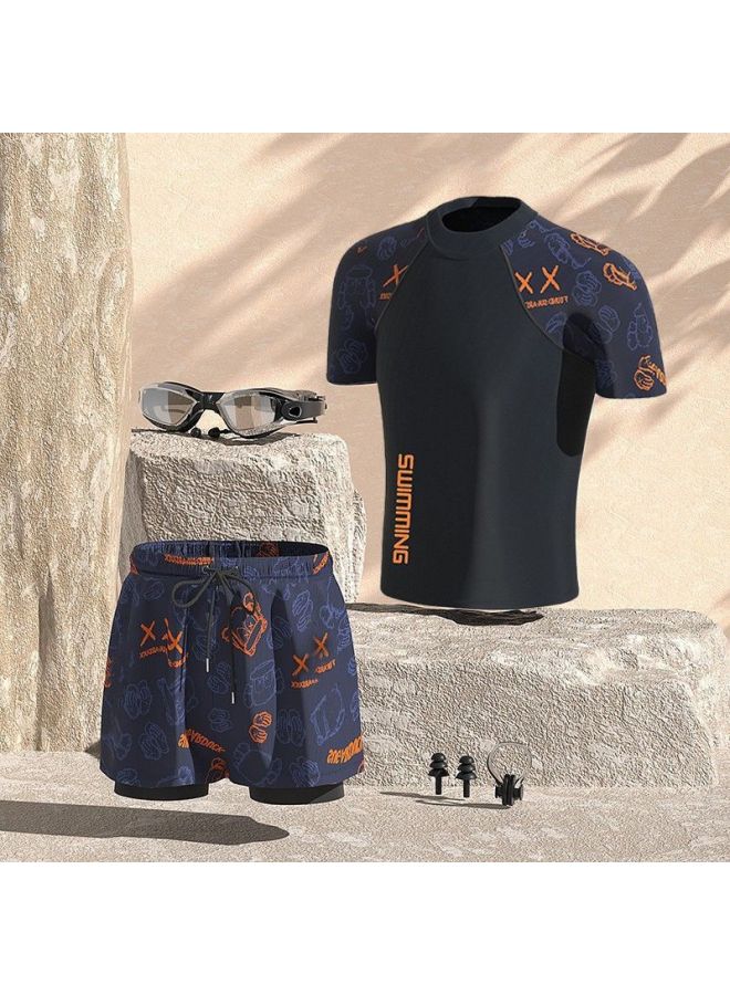 Swimwear Men's Professional Anti-embarrassment Plus Size Loose Double-layer Swimming Trunks Sun-proof Hot Spring Full Body Men's Suit-Color:Orange Bear Swimsuit + Swimming Trunks + Swimming Goggles Nose Clip + Earplugs-