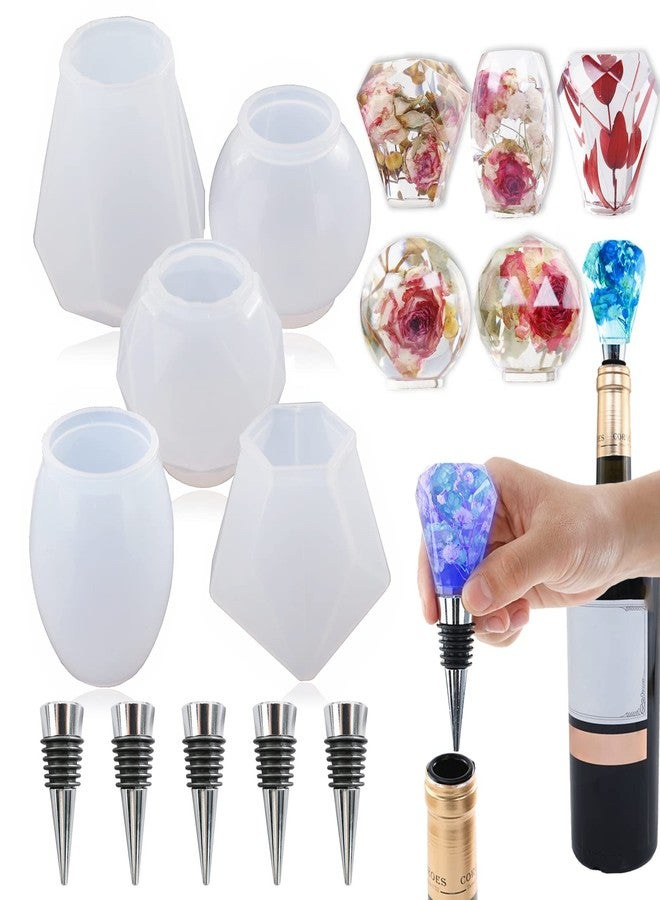 Wehous Silicone Resin Molds Set with 5PCS Wine Stoppers, 5PCS Wine Bottle Stopper Saver Mold, Crystal Gem Stone Epoxy Resin Mold, Geometric Spherical Silicone Molds for DIY Craft - Image 1