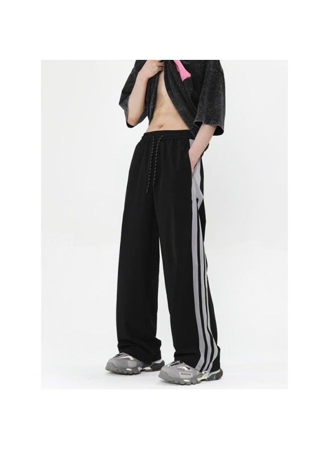 Striped Pants Men Summer American High Street Trendy Brand Loose Wide-leg Straight Casual Sports Long Pants Men Trendy