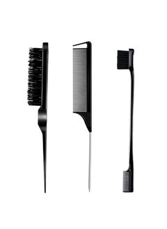 Goiple 3 Pieces Comb Set for Teasing, Edge & Back Brushing - Rat Tail & Edge Combs for Styling Women's Hair (Black)  - Image 1