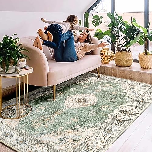 MUJOO Boho Rug 4'x6.5' Area Rugs for Bedroom Living Room Dining Room Green Small Rugs Machine Washable Non Slip Carpet for Office Dorm Bedside Kitchen Laundry Room Accent Soft Floral - Image 2
