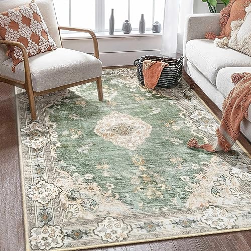 MUJOO Boho Rug 4'x6.5' Area Rugs for Bedroom Living Room Dining Room Green Small Rugs Machine Washable Non Slip Carpet for Office Dorm Bedside Kitchen Laundry Room Accent Soft Floral - Image 1