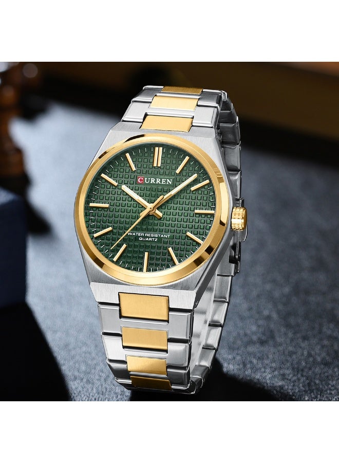CURREN 8439 Mens Stainless Steel Quartz Watch Simple Dial Design Waterproof Sporty Style Wristwatch for Leisure Business Green Gold - Image 3