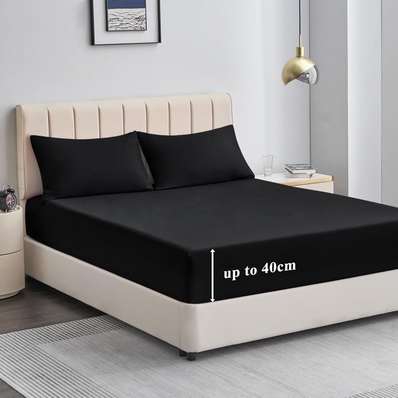 Aisbo King Size Fitted Sheet Black  Extra Deep Pocket Bed Sheet 16 inch 40 cm  Microfiber Bottom Sheet 150x200cm