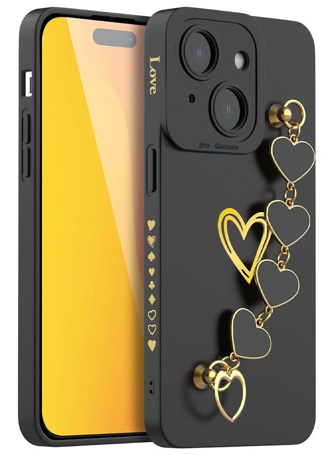 HS Compatible With iPhone 15 Case For Women With Full Camera Lens Protection And Hand Strip Loop, Silicone Heart Girly Lovely Side Soft Slim Shockproof Protective Cover Black  - Image 1