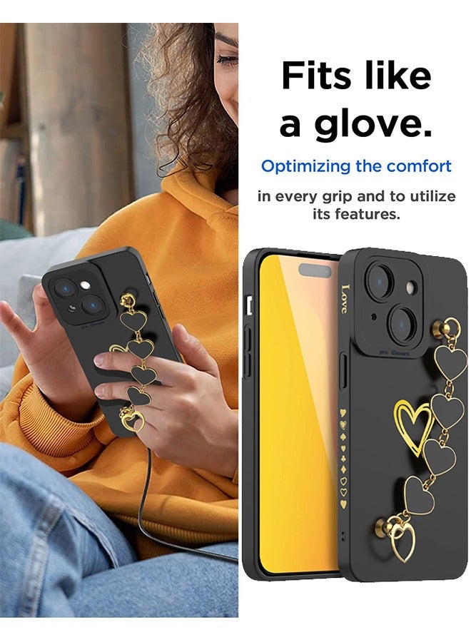 HS Compatible With iPhone 15 Case For Women With Full Camera Lens Protection And Hand Strip Loop, Silicone Heart Girly Lovely Side Soft Slim Shockproof Protective Cover Black  - Image 4