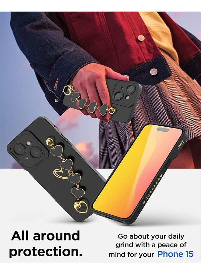 HS Compatible With iPhone 15 Case For Women With Full Camera Lens Protection And Hand Strip Loop, Silicone Heart Girly Lovely Side Soft Slim Shockproof Protective Cover Black  - Image 2