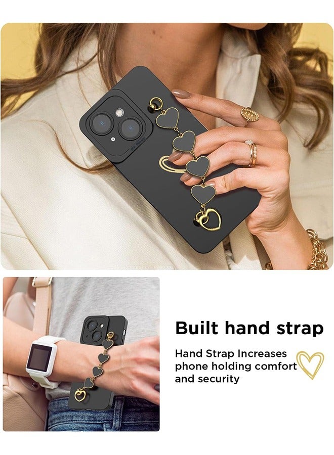 HS Compatible With iPhone 15 Case For Women With Full Camera Lens Protection And Hand Strip Loop, Silicone Heart Girly Lovely Side Soft Slim Shockproof Protective Cover Black  - Image 5
