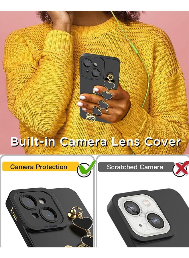 HS Compatible With iPhone 15 Case For Women With Full Camera Lens Protection And Hand Strip Loop, Silicone Heart Girly Lovely Side Soft Slim Shockproof Protective Cover Black  - Image 3