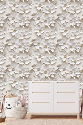 weiseni Peel and Stick Wallpaper Modern 3D Beige Floral Self Adhesive Removable Contact Flat Paper Countertops Renter Friendly for Bedroom Bathroom 177x118 - Image 3