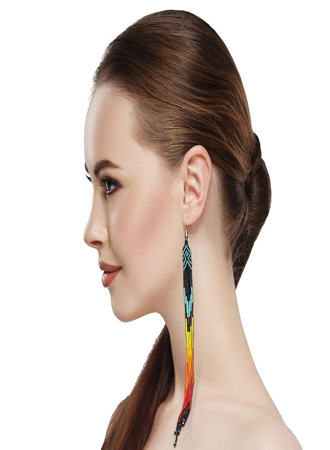 BeadsCorner One of a kind Tribal Extra Long Beaded Earrings Handmade (Black Blue Fire) - Image 2