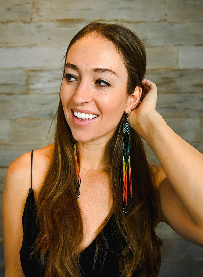 BeadsCorner One of a kind Tribal Extra Long Beaded Earrings Handmade (Black Blue Fire) - Image 3