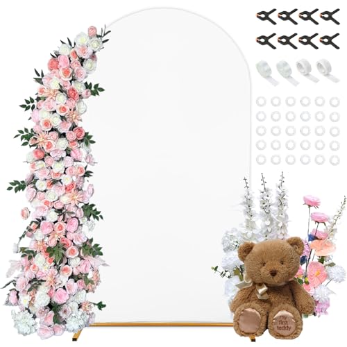 Dexpinzo 7.2 FT Arch Backdrop Cover, White Spandex Round Top Metal Arch Backdrop Stand Cover with Balloon Tie Tool for Wedding Ceremony Baby Shower Gender Reveal Birthday Party Photo Background Decorations - Image 1