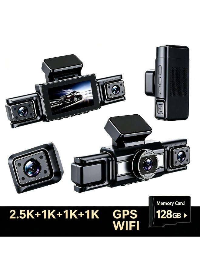 نيو سمارت كاميرا سيارة رباعية القنوات بدقة 2.5K+1K+1K+1K مع GPS وواي فاي وذاكرة 128GB eMMC مدمجة ومستشعر G وشاشة IPS 3.0 بوصة وزاوية واسعة 140 درجة ومساعد الرجوع للخلف ومراقبة انتظار 24 ساعة ورؤية ليلية فائقة - Image 1