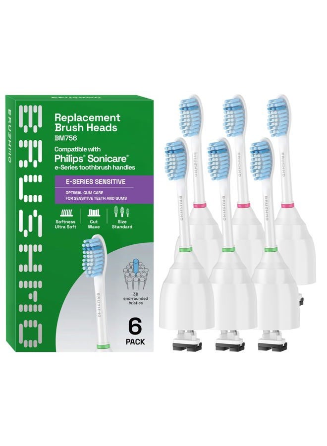 Brushmo e-Series Sensitive Replacement Toothbrush Heads, Compatible with Philips Sonicare Screw-on Electric Toothbrush Handles, 6 Standard Replacement Heads, Ultra Soft Dupont Bristles, BM756, White - Image 1