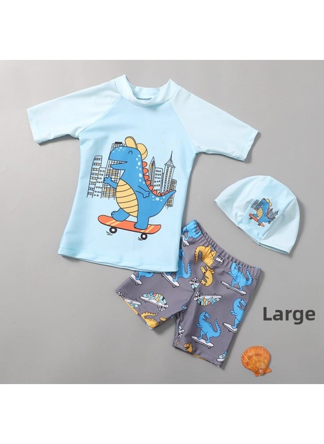 2022 Boys Split Swimsuit Boxer Swimming Trunks Cartoon Tyrannosaurus Rex Little Boy Baby Hot Spring Swimsuit Swimming Cap-Color:2047 Guitar Dragon-