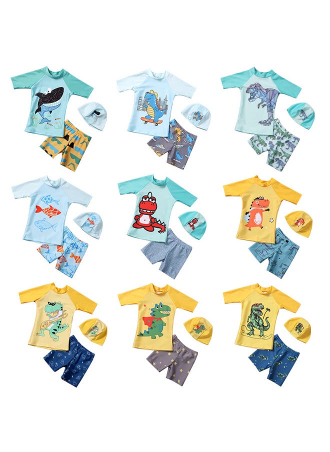 2022 Boys Split Swimsuit Boxer Swimming Trunks Cartoon Tyrannosaurus Rex Little Boy Baby Hot Spring Swimsuit Swimming Cap-Color:2047 Guitar Dragon-