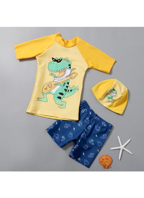 2022 Boys Split Swimsuit Boxer Swimming Trunks Cartoon Tyrannosaurus Rex Little Boy Baby Hot Spring Swimsuit Swimming Cap-Color:2047 Guitar Dragon-