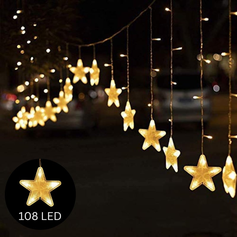 One94Store أضواء ستارة النجوم الترحيبية - 3 متر، 16 نجمة، 108 LED، 8 أوضاع، أضواء ستارة زخرفية قابلة للتوصيل للجدران، النوافذ، المنزل، المهرجانات، ديwali واحتفالات عيد الميلاد (أبيض دافئ) - Image 4