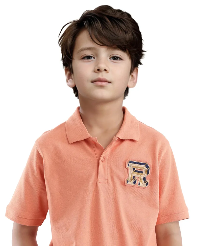 Rare Ones Rare Ones Kids Luan Light Orange Cotton Short Sleeve Applique Polo