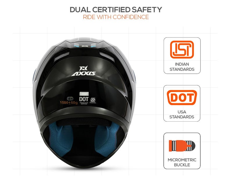 AXXIS Segment Solid Full Face Helmet | ISI & DOT Certified | Aerodynamic Shell | Anti-Scratch Visor | Motorcycle Helmet for Men & Women (Black Gloss, M) - Image 5