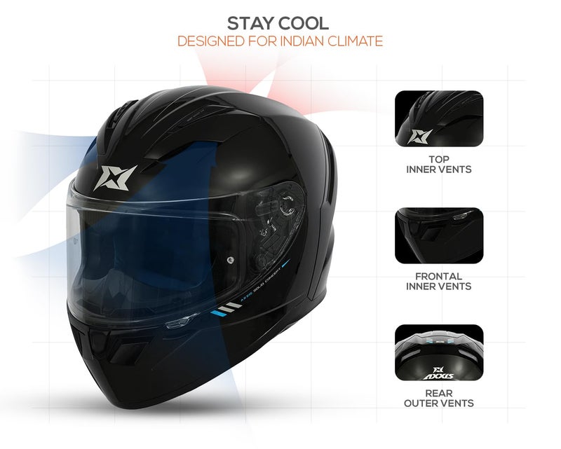 AXXIS Segment Solid Full Face Helmet | ISI & DOT Certified | Aerodynamic Shell | Anti-Scratch Visor | Motorcycle Helmet for Men & Women (Black Gloss, M) - Image 3