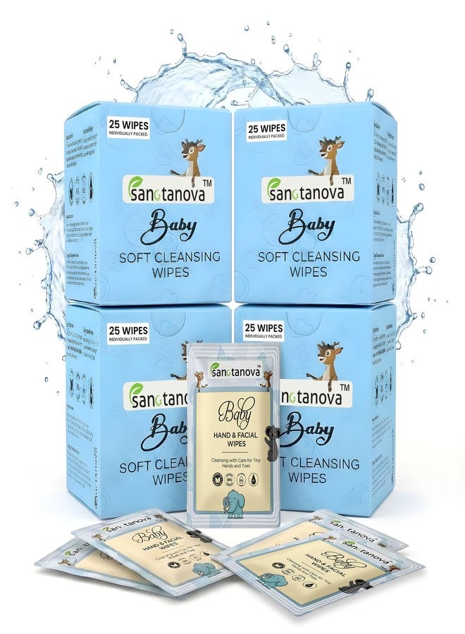 SANCTANOVA Individually Wrapped Wet Wipes for Baby - 100 Single-Use Sachets (Pack of 4 × 25) | Soft & Gentle Pure Water Wipes | Aloe Vera & Chamomile |Alcohol-Free Baby Wet Wipes |Unscented & Hygienic - Image 1