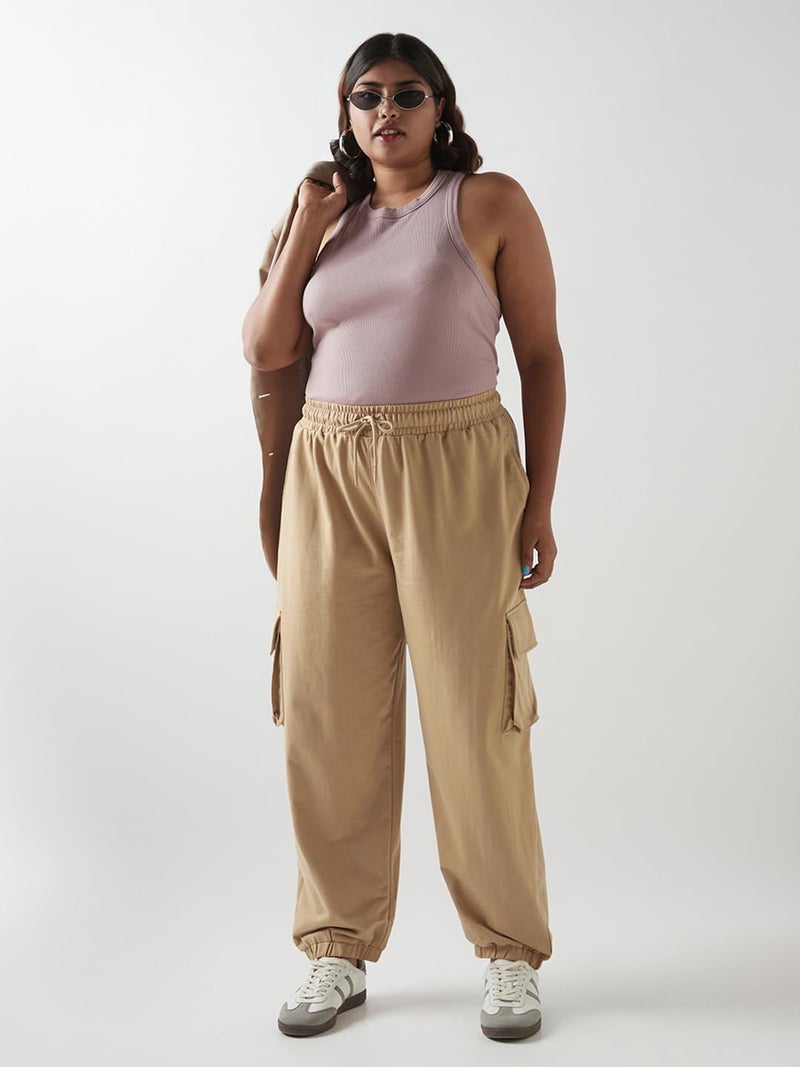 Bewakoof Air 1.0 Women Solid Super Loose Fit Terry Plus Size Cargo Joggers_646957_Brown_5XL - Image 4