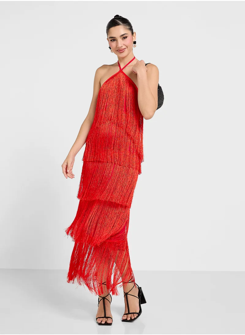 Ginger Halter Neck Fringe Detail Tiered Maxi Dress