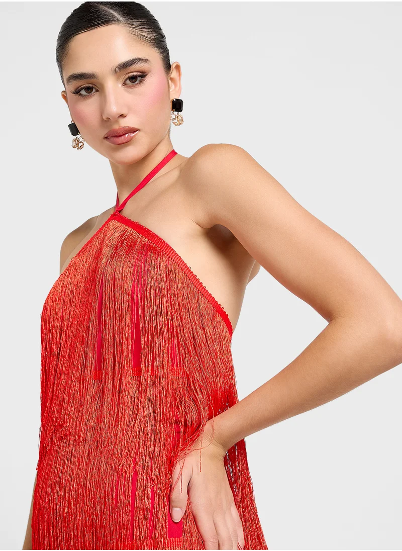 Ginger Halter Neck Fringe Detail Tiered Maxi Dress