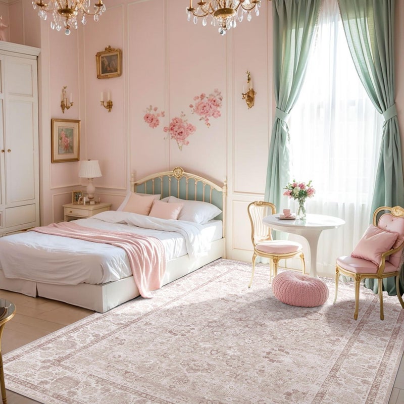 Pink Area Rugs 5x7 Nursery Rug for Baby Girl Neutral Floral Area Rug for Living Room Vintage Boho Washable Rug Indoor Carpet for Bedroom Dining Room