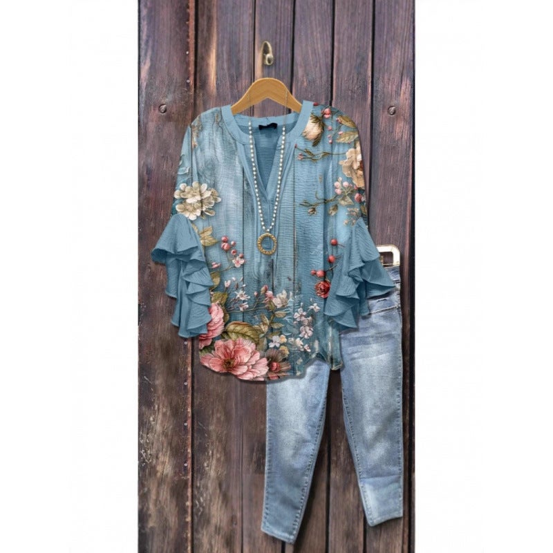 3D New Creative Floral Element Print Digital Loose Casual Trendy V-Neck Ruffled T-Shirt Women''s Top - Image 2