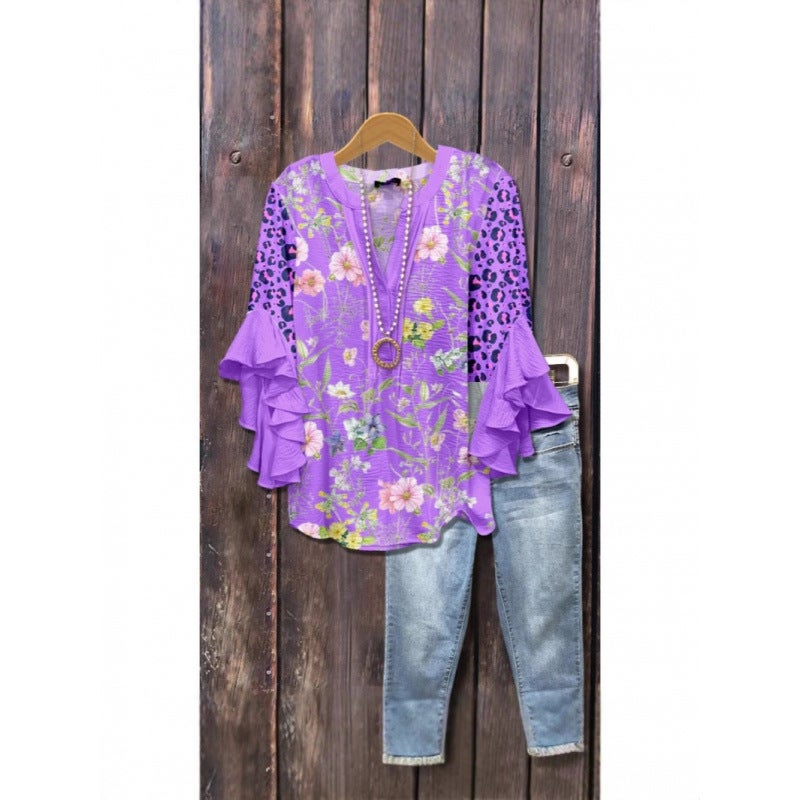 3D New Creative Floral Element Print Digital Loose Casual Trendy V-Neck Ruffled T-Shirt Women''s Top - Image 3