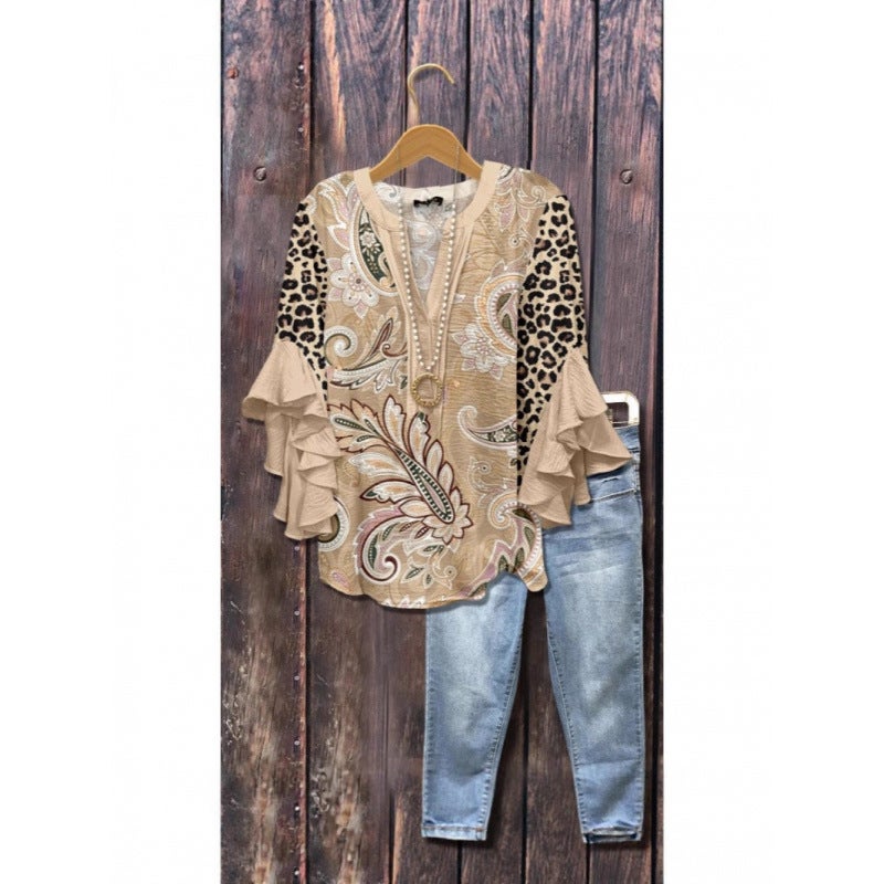 3D New Creative Floral Element Print Digital Loose Casual Trendy V-Neck Ruffled T-Shirt Women''s Top - Image 5