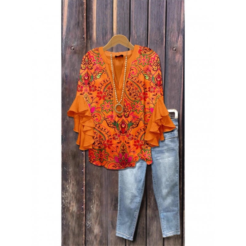 3D New Creative Floral Element Print Digital Loose Casual Trendy V-Neck Ruffled T-Shirt Women''s Top - Image 4